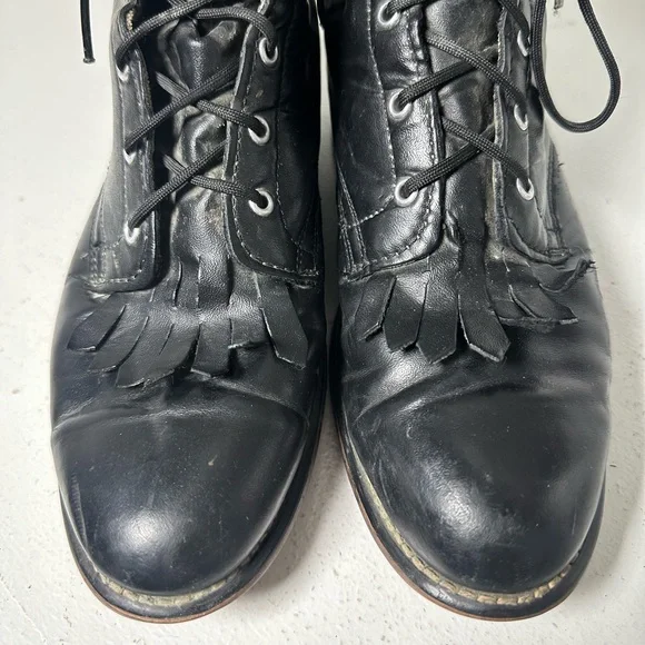 Laredo Kiltie Lace-Up Ankle Boots Womens 7M Black Leather Western Vintage Roper - Picture 3 of 8